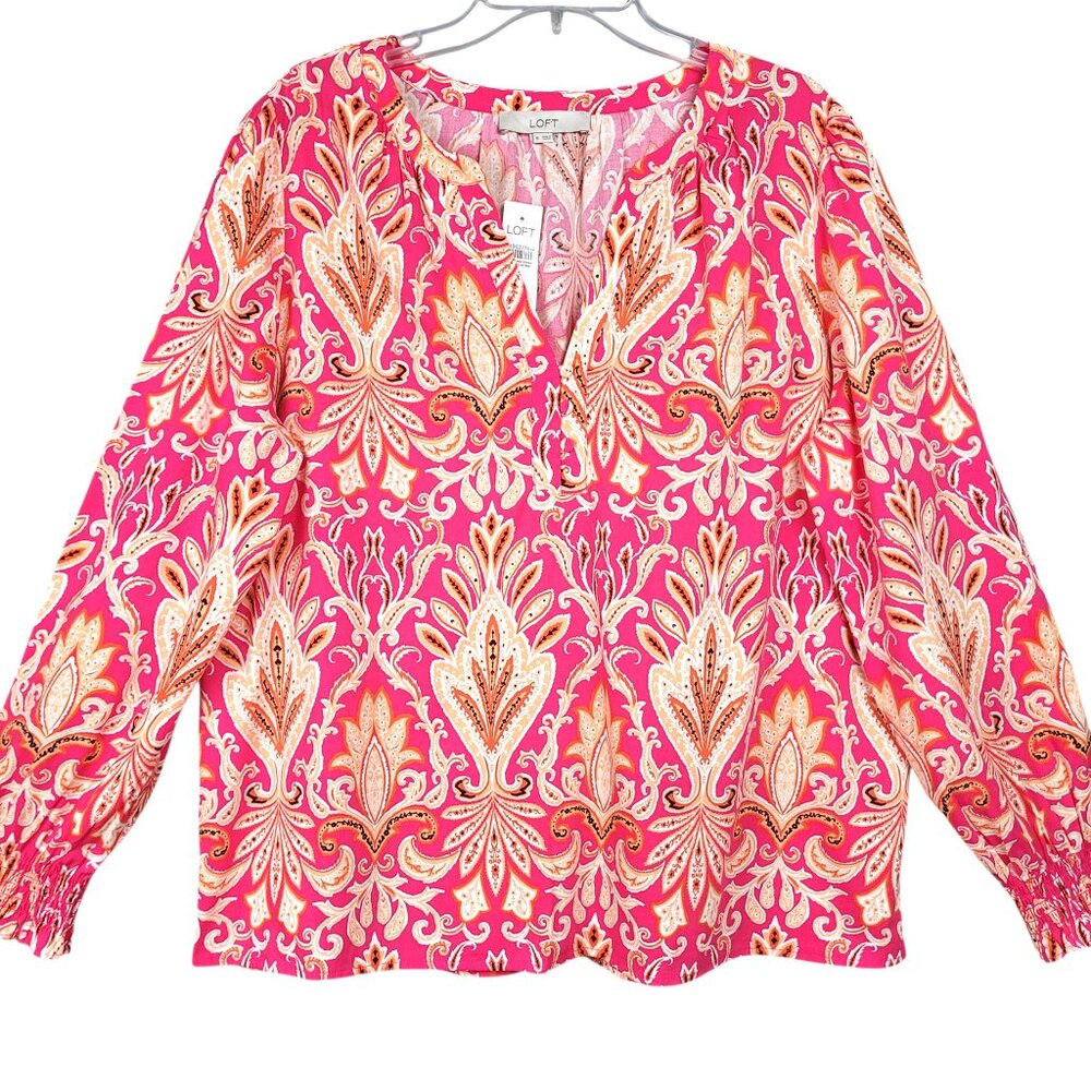 Ann Taylor Loft Blouse Women XL Hot Pink Paisley Long Sleeve Preppy Coastal Chic